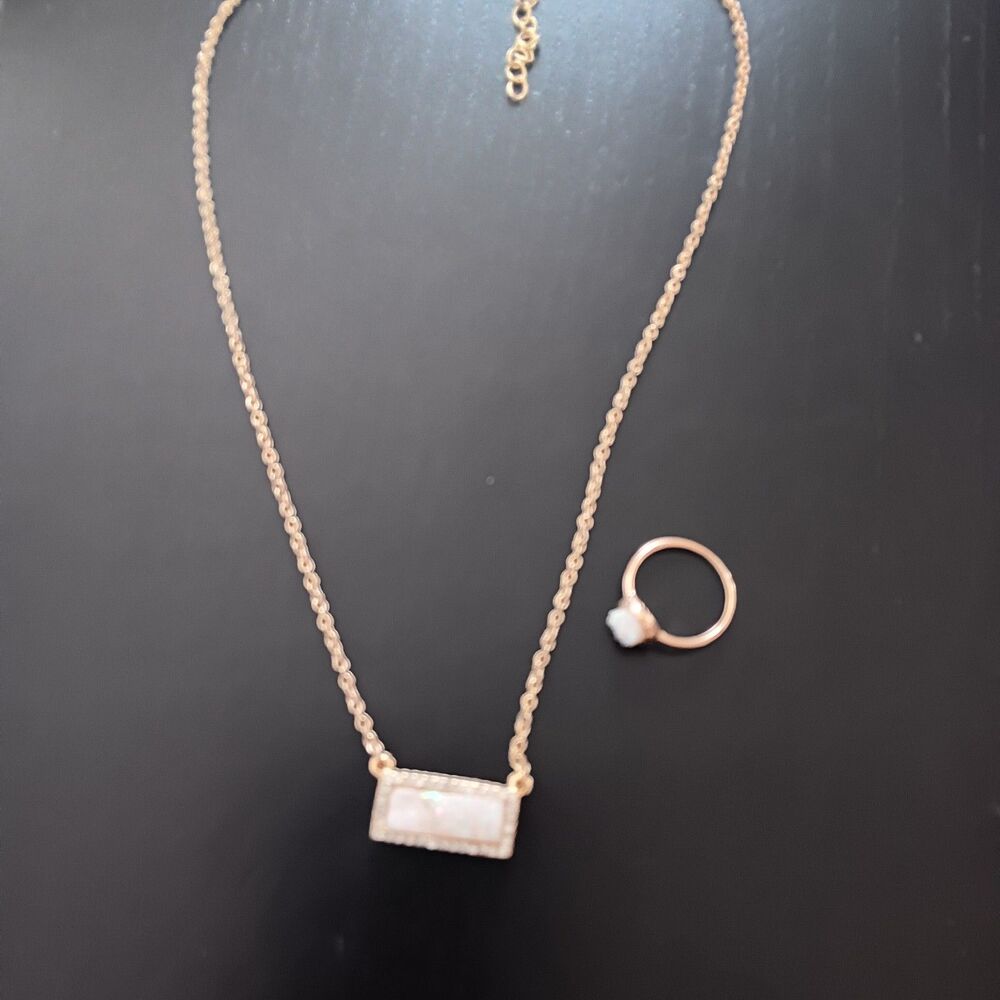 White Druzy Bar Crystals Gold Tone Necklace & Ring Size 6 minimalist dainty